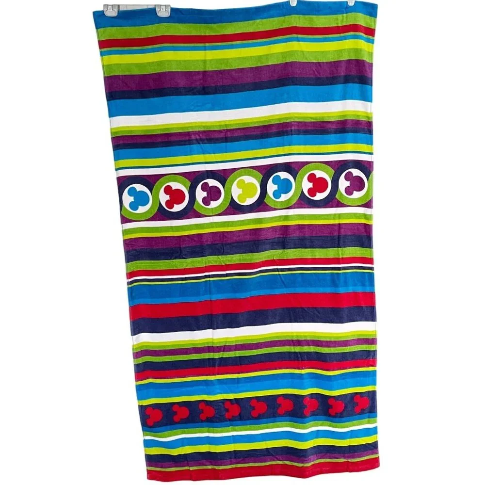 Disney Parks Colorful Striped Mickey Mouse Head Icon Beach Pool Bath Towel